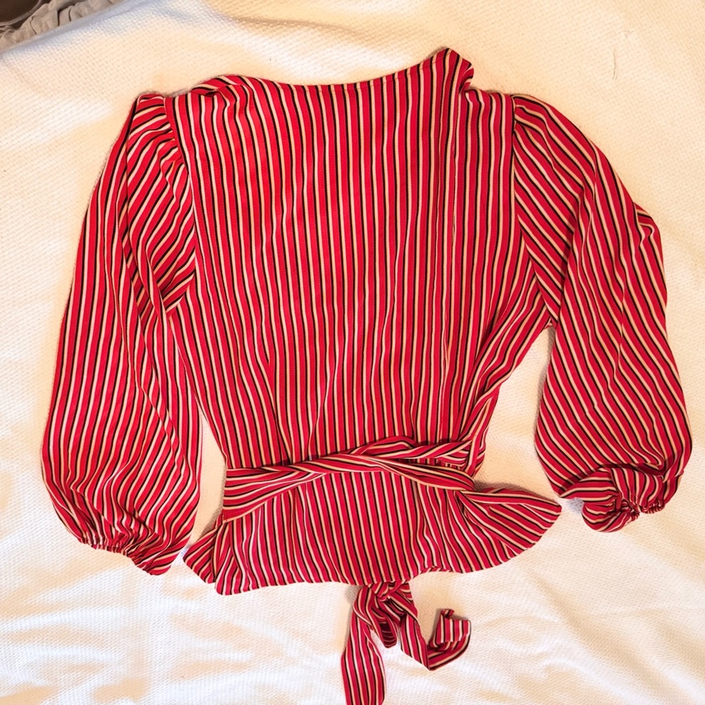 HINGE Striped Wrap Blouse Tie Bow Waist Red & White Stripe Puff Long Sleeve Top - Picture 14 of 16